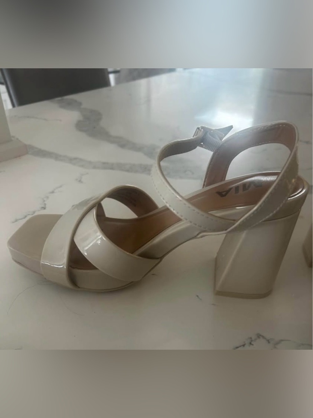 MIA Patent Strappy Block Heel Sandals in Cream